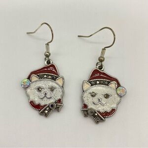 Christmas Cat Enameled Dangle Earrings